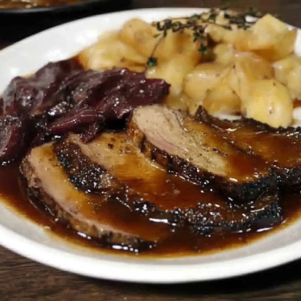 Langsam gegartes mariniertes Rindfleisch mit Soße